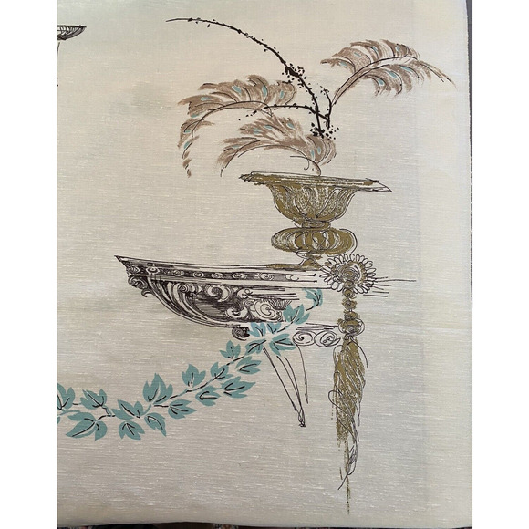 Vintage MCM Cream Brown Aqua Gold Rayon Barkcloth Classic Greek Motif Fabric - Picture 4 of 5